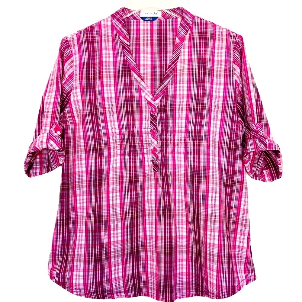 ANCHOR BLUE Pink Plaid Top Size Large
